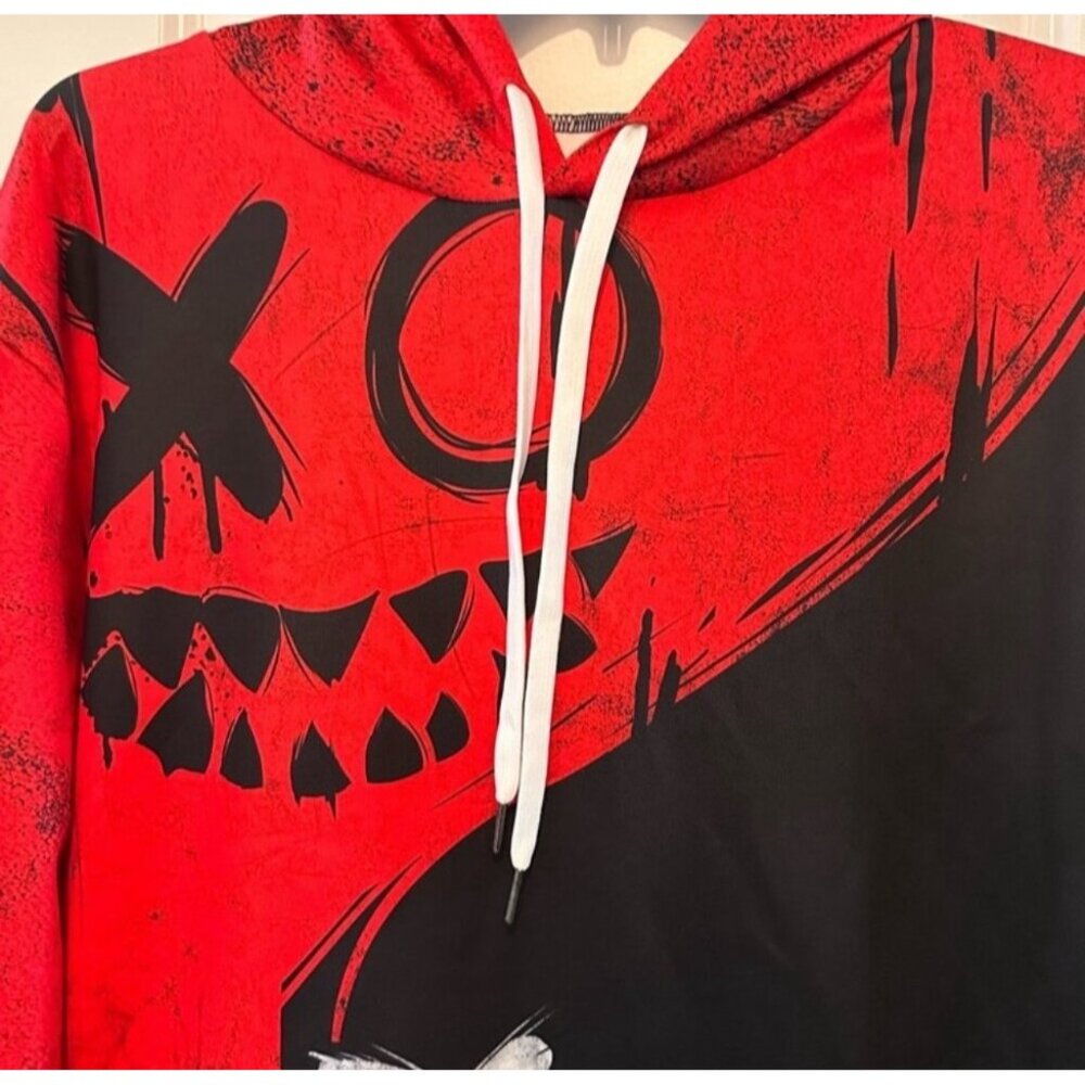 Mens Red & Black Graphic Hoodie With Smiling Faces Design Size L Polyester & Spa - Picture 9 of 9